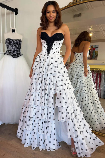Polka Dot Chiffon Slit Ruffled Tiered A-Line Prom Dress