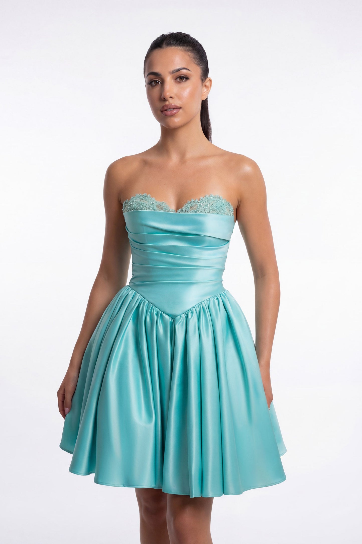 Strapless Sweetheart Beaded Ruched Satin A-Line Mini Dress