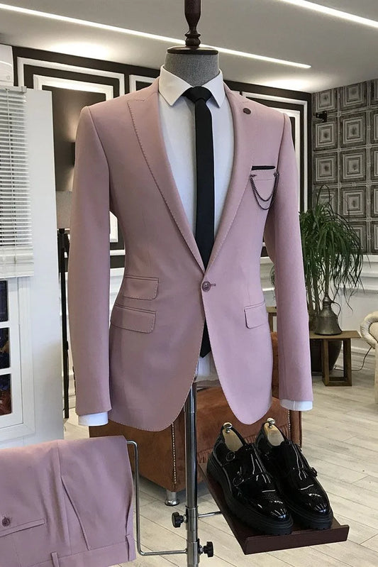 Pink Wedding Suits Outfits Peaked Lapel With 3 Flaps For Men