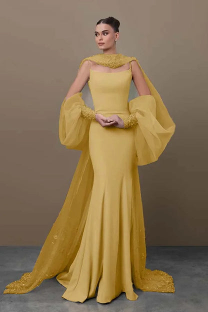 Chic Sky Blue Spaghetti-Straps Mermaid Prom Dress With Tulle Appliques Train