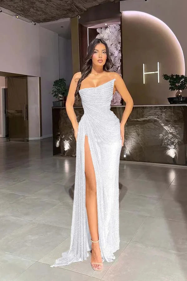 Red Strapless Gorgeous Split Sequins Prom Dress