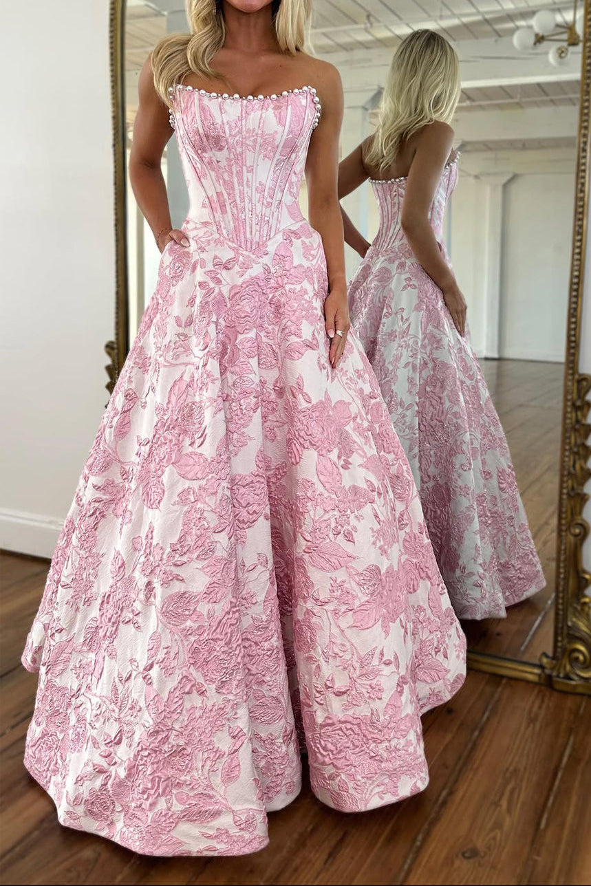 Gorgeous A Line Scoop Neck Jacquard Satin Prom Dress