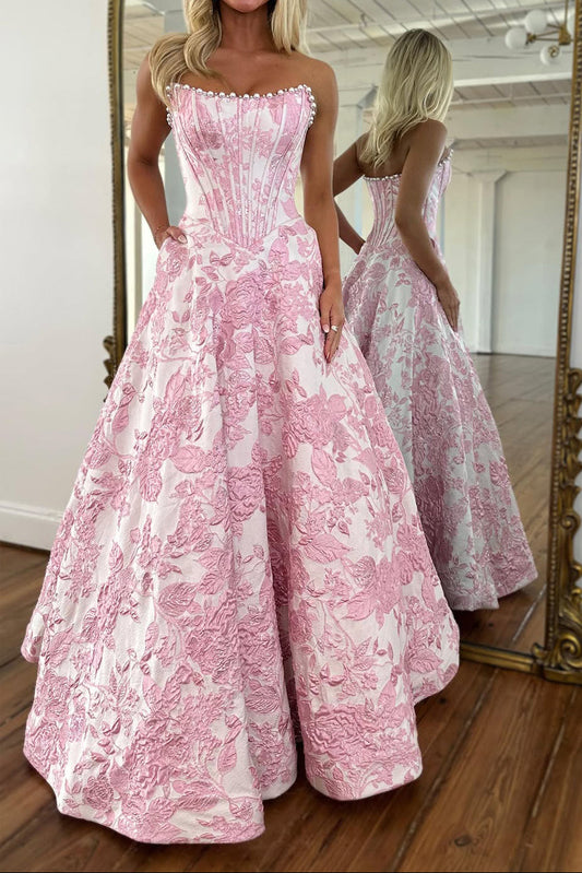 Gorgeous A Line Scoop Neck Jacquard Satin Prom Dress