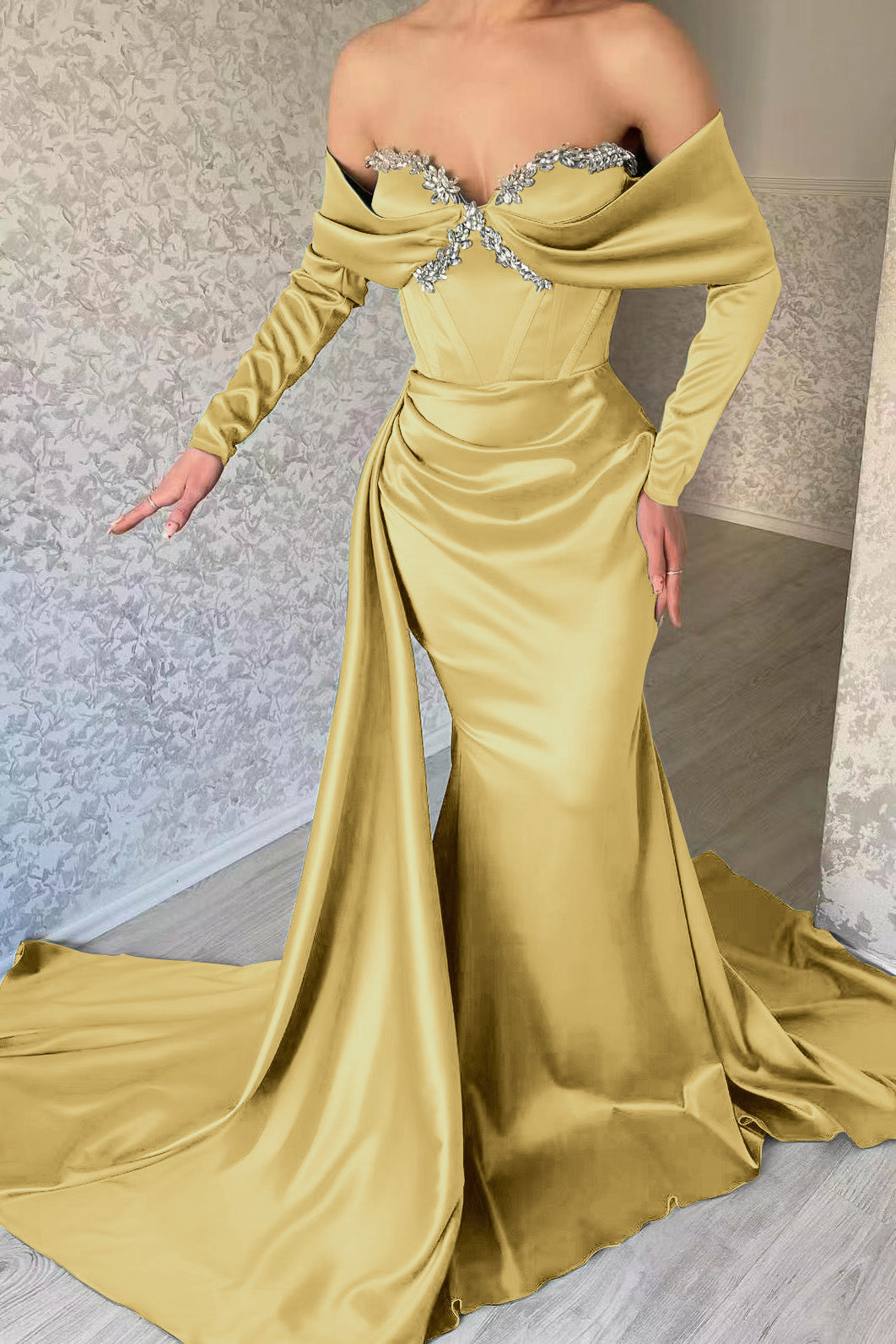 Sweetheart Long Sleeve Prom Dress Mermaid Evening Formal Dress With Rhinstone