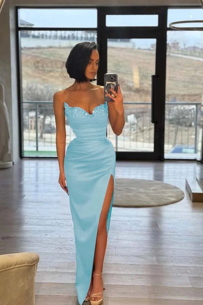 Red Split Sequins Strapless Prom Dress With Puff Sleeves