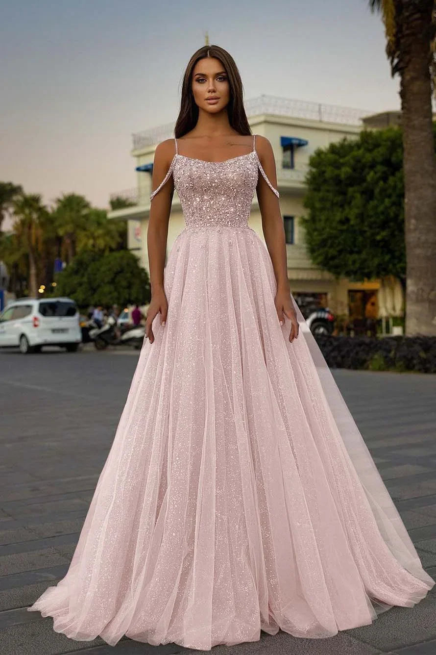 Tulle A-Line Long Spaghetti-Straps Prom Dress With Sequins Beads