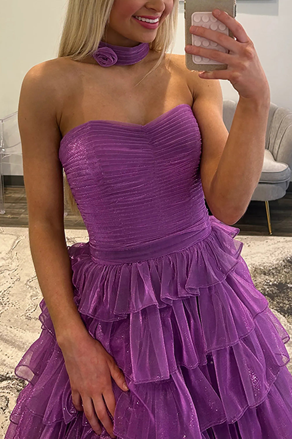 Gilitter Ball Gown Strapless Purple Organza Ruffle Tiered Prom Dress