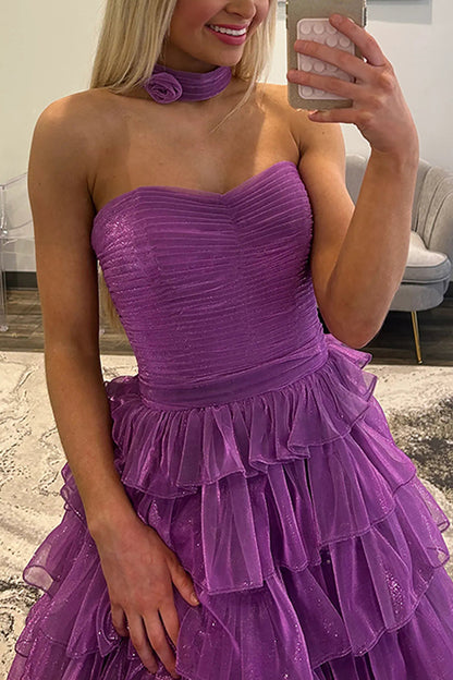 Gilitter Ball Gown Strapless Purple Organza Ruffle Tiered Prom Dress