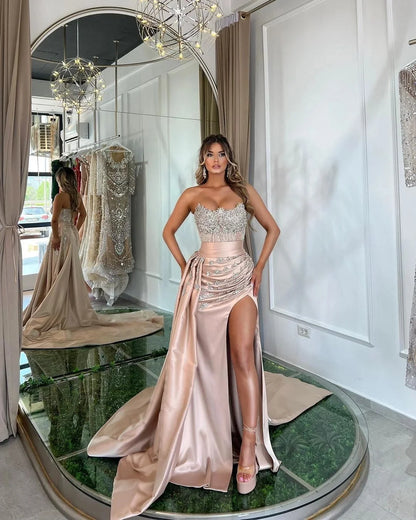 Pink Satin Sleeveless Mermaid Prom Dress Beaded with Train