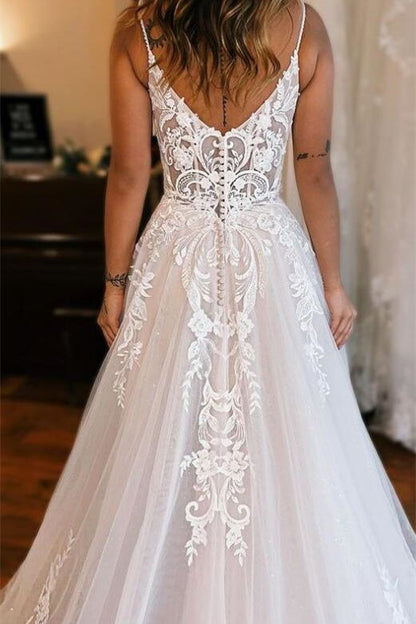 Spaghetti-Straps Sleeveless A-Line Lace Wedding Gowns