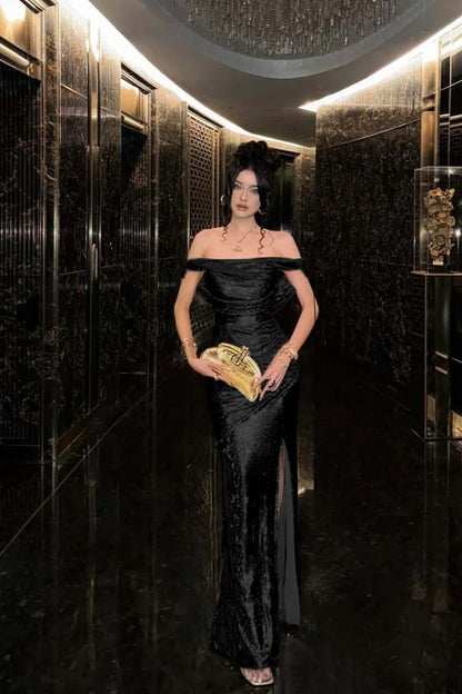 Champagne Solid Sequins Split Prom Dress