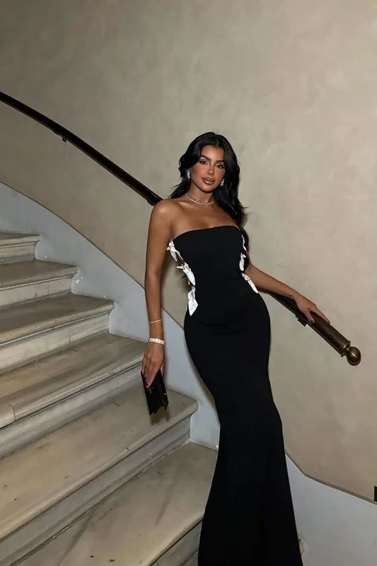 Black Slim Fit White Bow Strapless Prom Dress