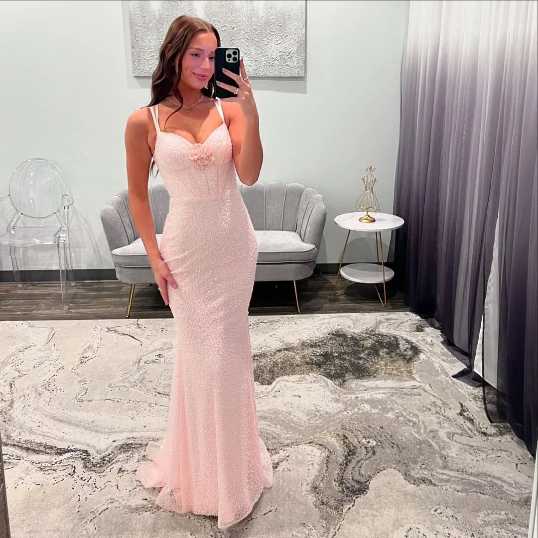 Blushing Pink Spaghetti-Straps Beaded Lovely Prom Dress
