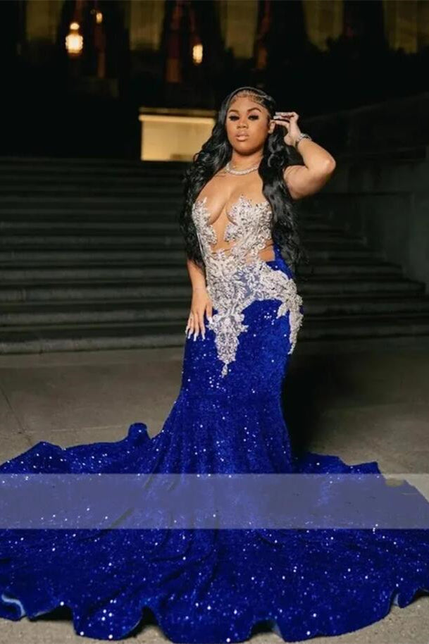 Royal Blue Sleeveless Scoop Prom Dress Mermaid Sequins With Beadings