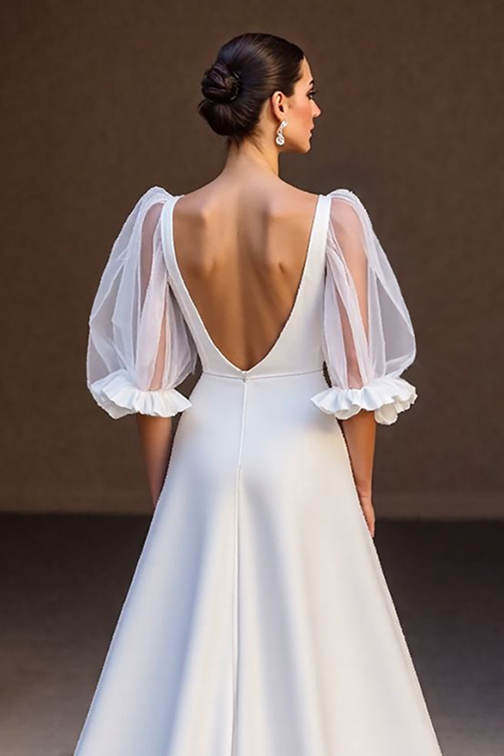 Bubble Sleeves V-Neck Satin Wedding Dress