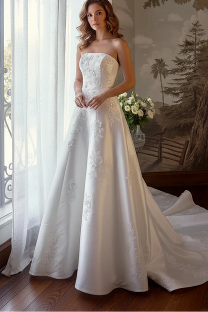A-Line Satin Appliques Tube Top Court Train Wedding Dress