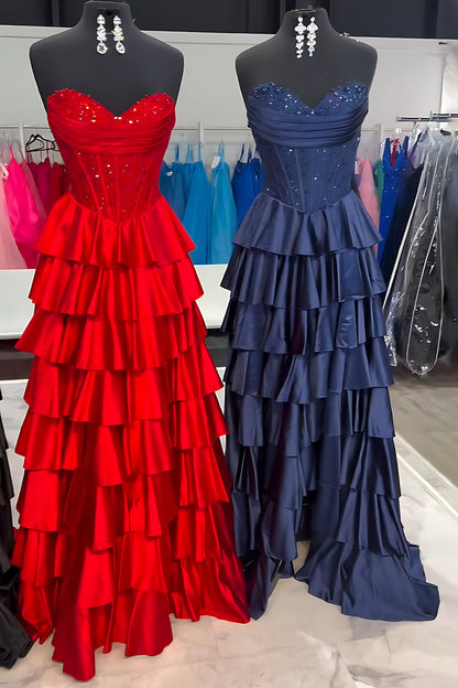 A-Line Strapless Navy Blue Ruffle Tiered Satin Long Prom Dress
