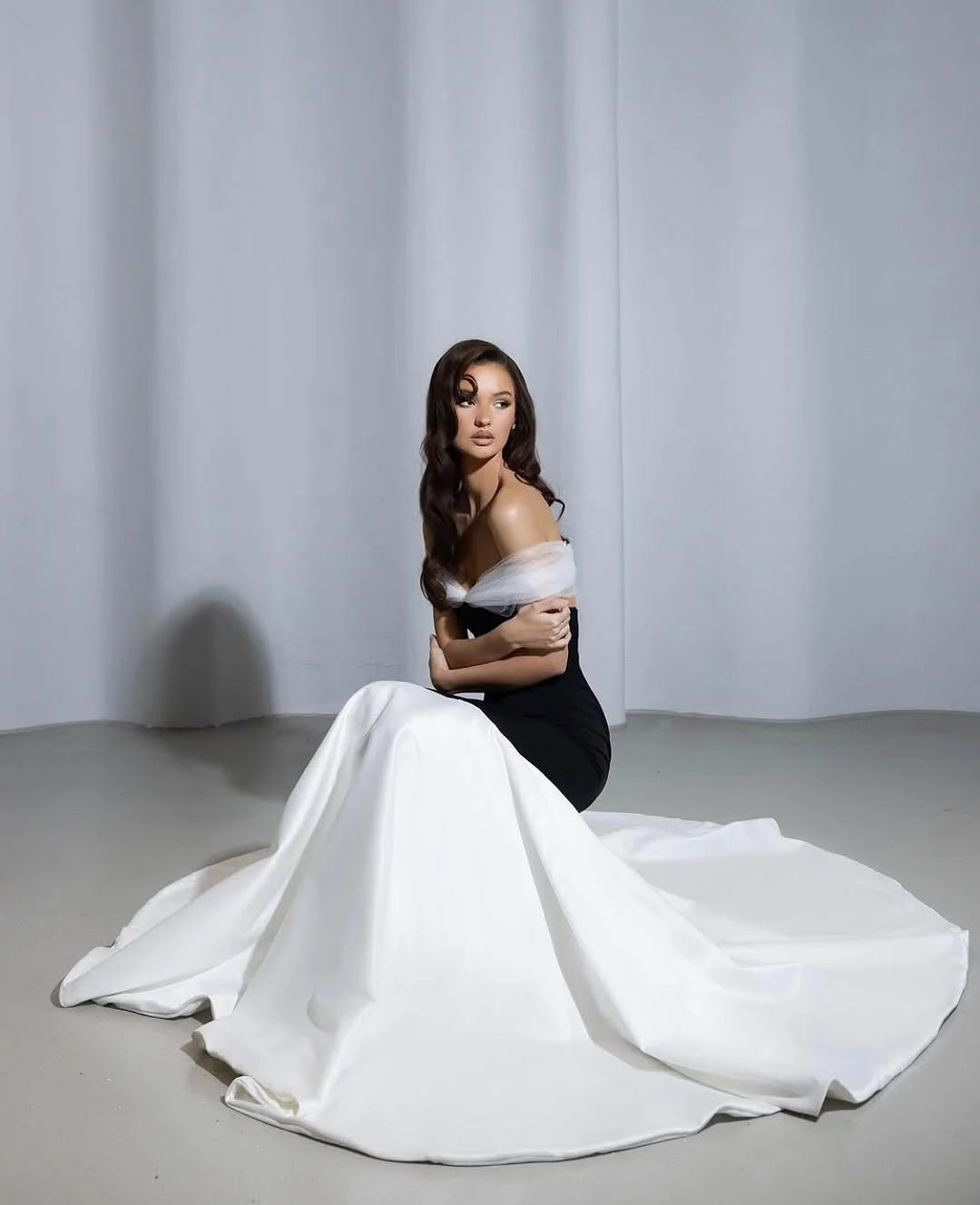 Black White Mermaid Off-The-Shoulder Prom Dress