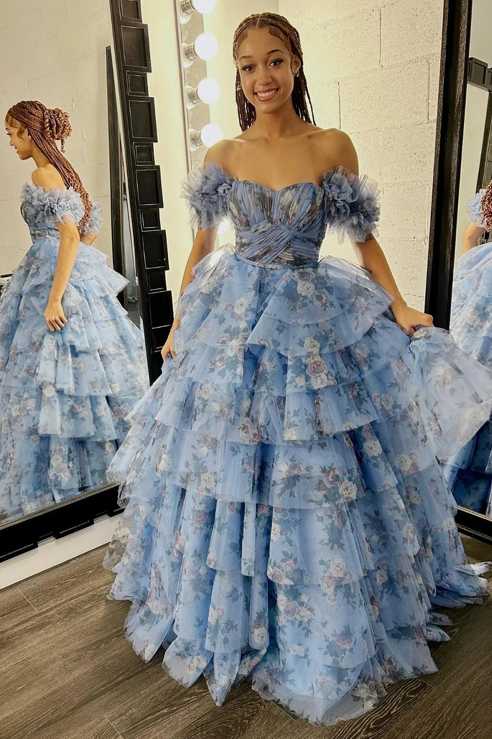 Blue Floral Tiered A-Line Long Prom Dress with Ruffles