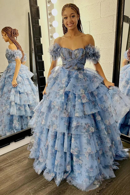 Blue Floral Tiered A-Line Long Prom Dress with Ruffles