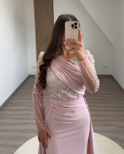 Long Sleeves One Shoulder Ruched Evening Dress