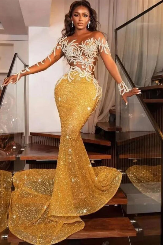 Gold Long Sleeves Mermaid Prom Dress Sequins Long With Beadings