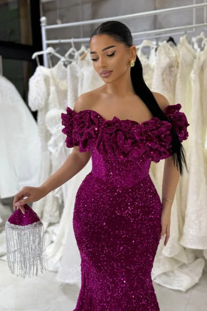 Orchid Off-The-Shoulder Velvet Sequins Mermaid Prom Dress