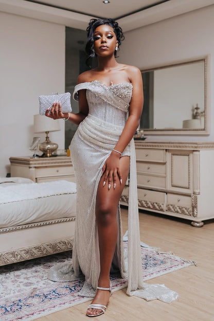 Modern Silver Off-the-Shoulder Sweetheart Mermaid Prom Dress