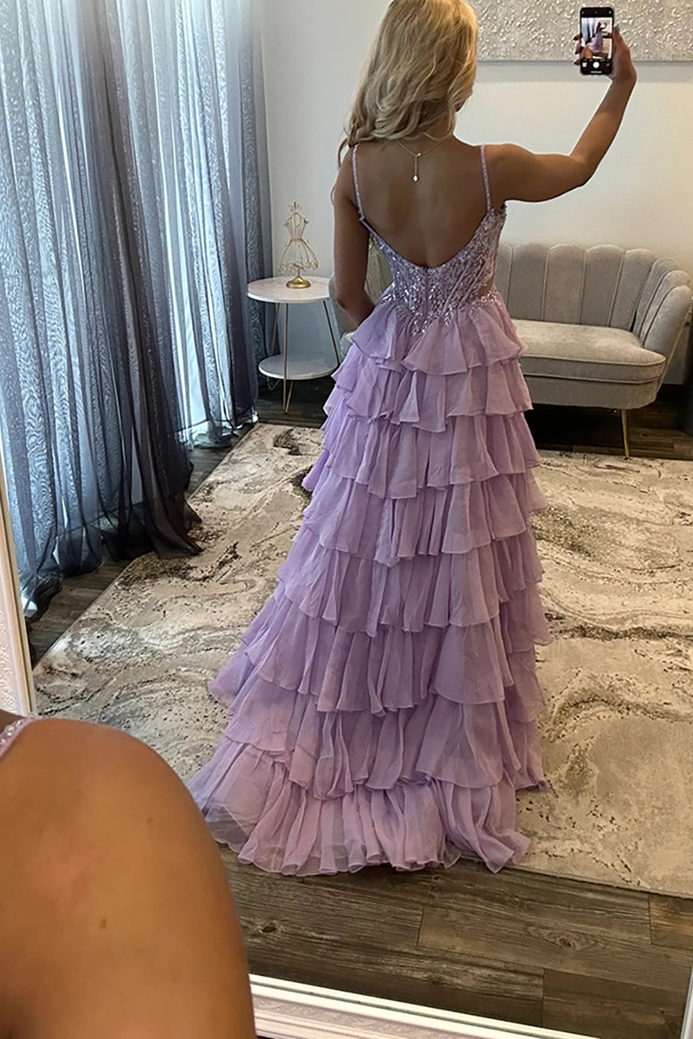 A-Line Spaghetti straps Lilac Ruffle Tiered Chiffon Long Prom Dress