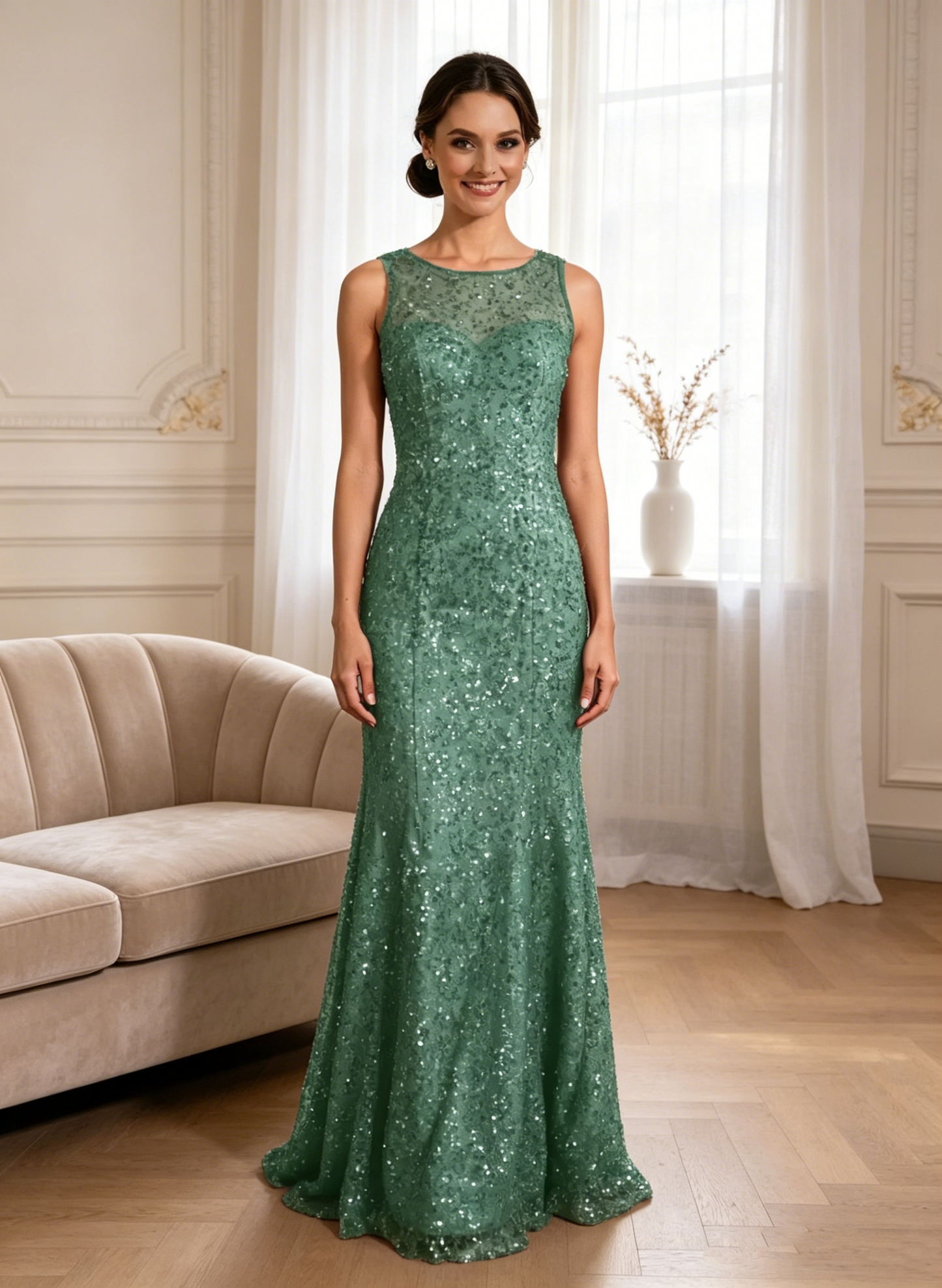 Elegant Green Chiffon Cape Sequin Column Mother of the Bride Dress
