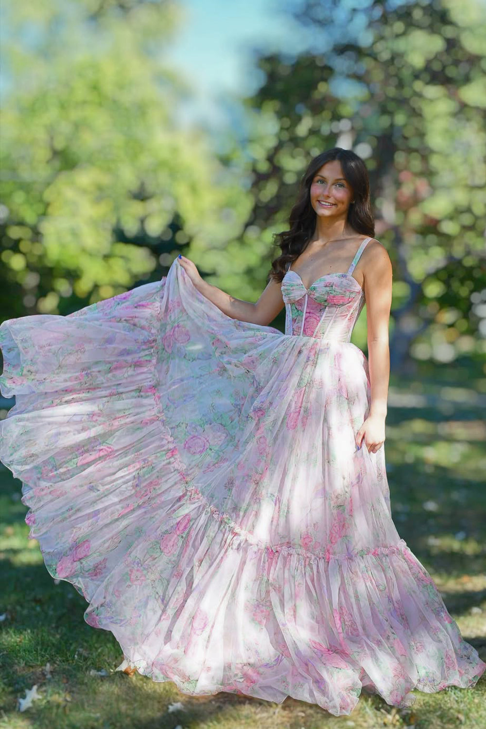 Cute A Line Strapless Floral Chiffon Prom Dress