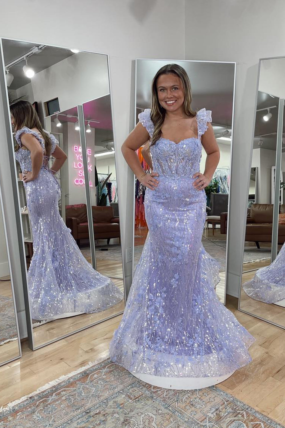 Mermaid Off the Shoulder Lavender Sequin Lace Prom Dress