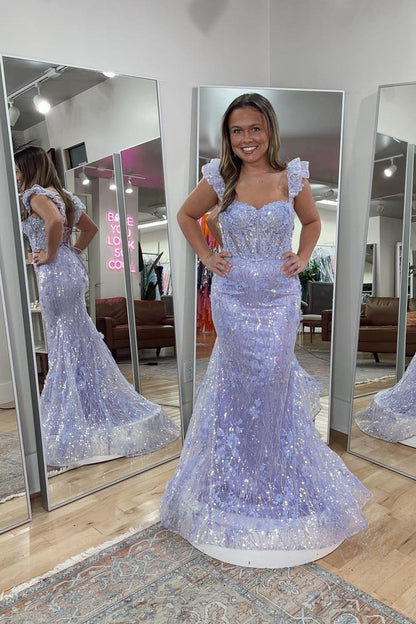 Mermaid Off the Shoulder Lavender Sequin Lace Prom Dress