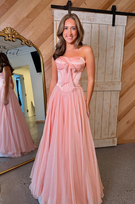 Cute A Line Strapless Chiffon Long Prom Dress with Bow