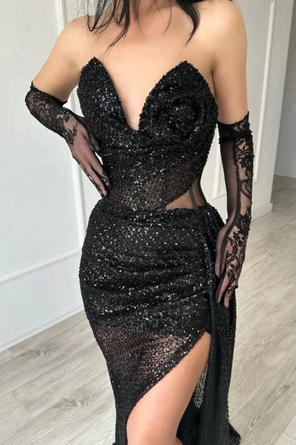 Black Strapless Split Evening Dress with Lace Gloves