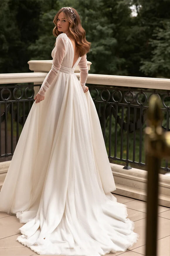V-Neck Long-Sleeves Tulle Pleated Sheer A-Line Wedding Dress