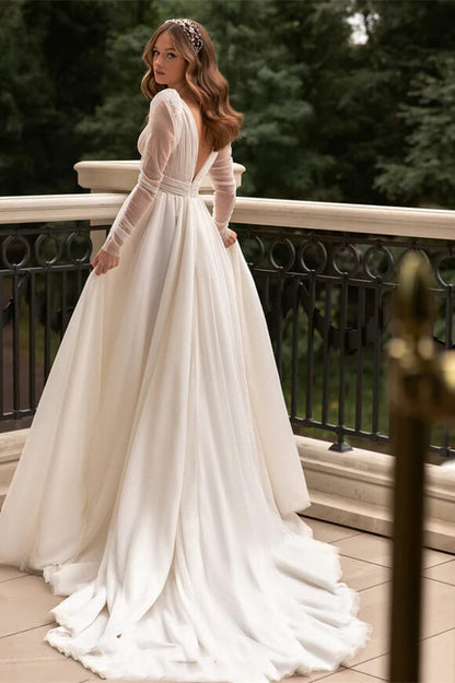 V-Neck Long-Sleeves Tulle Pleated Sheer A-Line Wedding Dress