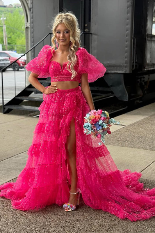 Sweetheart Puff-Sleeves Fully Sequined Tulle Pleated Tiered Two Piece A-Line Prom Dress