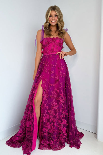 A-Line Sweetheart Purple Lace Long Prom Dresses with Slit
