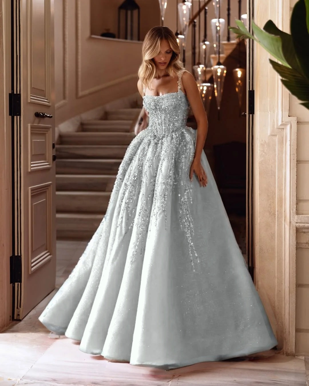 Spaghetti Strap Sleeveless Long A Line Prom Dress With Beading