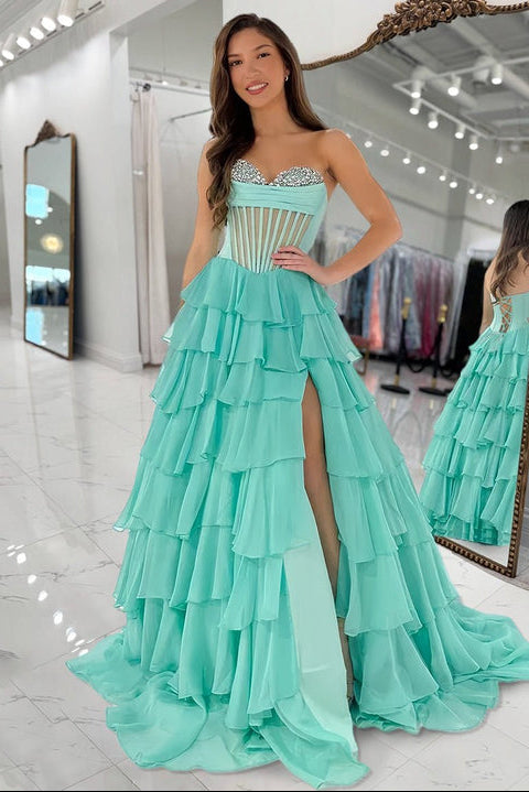 A-Line Sweetheart Mint Ruffle Tiered Chiffon Beads Long Prom Dress