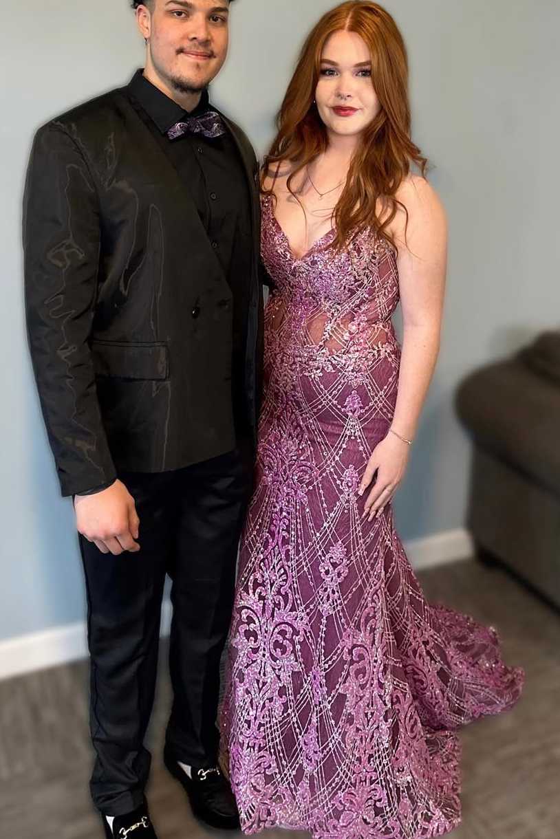 Stunning Purple V Neck Spaghetti Straps Appliques Mermaid Long Prom Dress