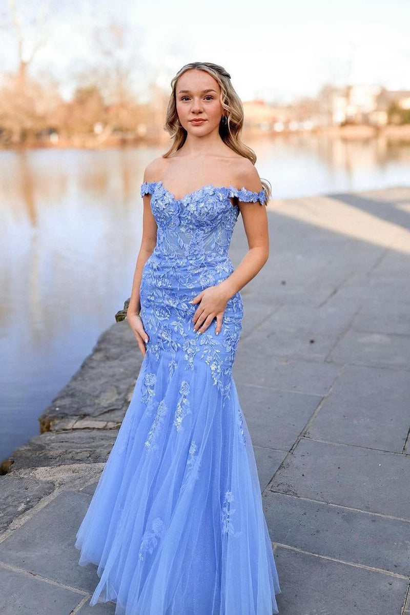 Lavender Off the Shoulder Tulle Appliques Mermaid Long Prom Dress