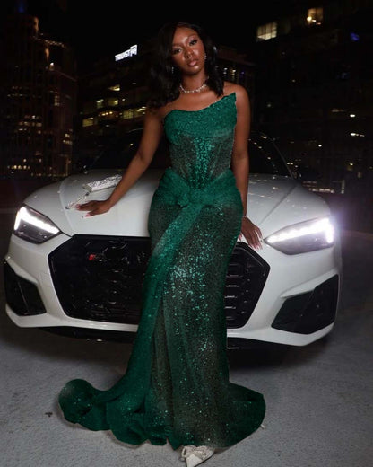 Asymmetric Strapless Sleeveless Long Pleated Mermaid Prom Dress