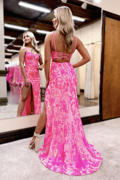 Cute Mermaid V Neck Pink Sequins Lace Slit Prom Dress