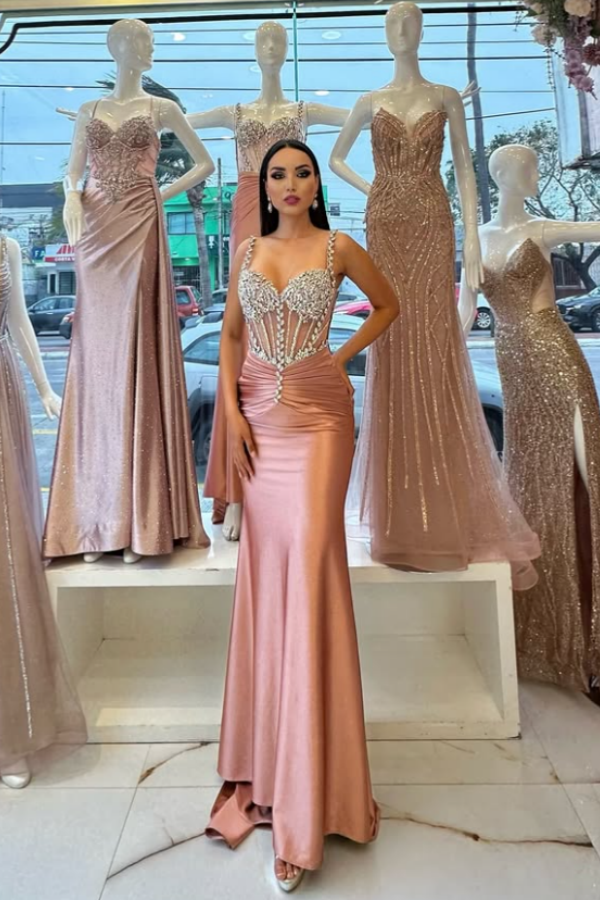 Rose Gold Beaded Gorgeous Mermaid Pleated Prom Dress