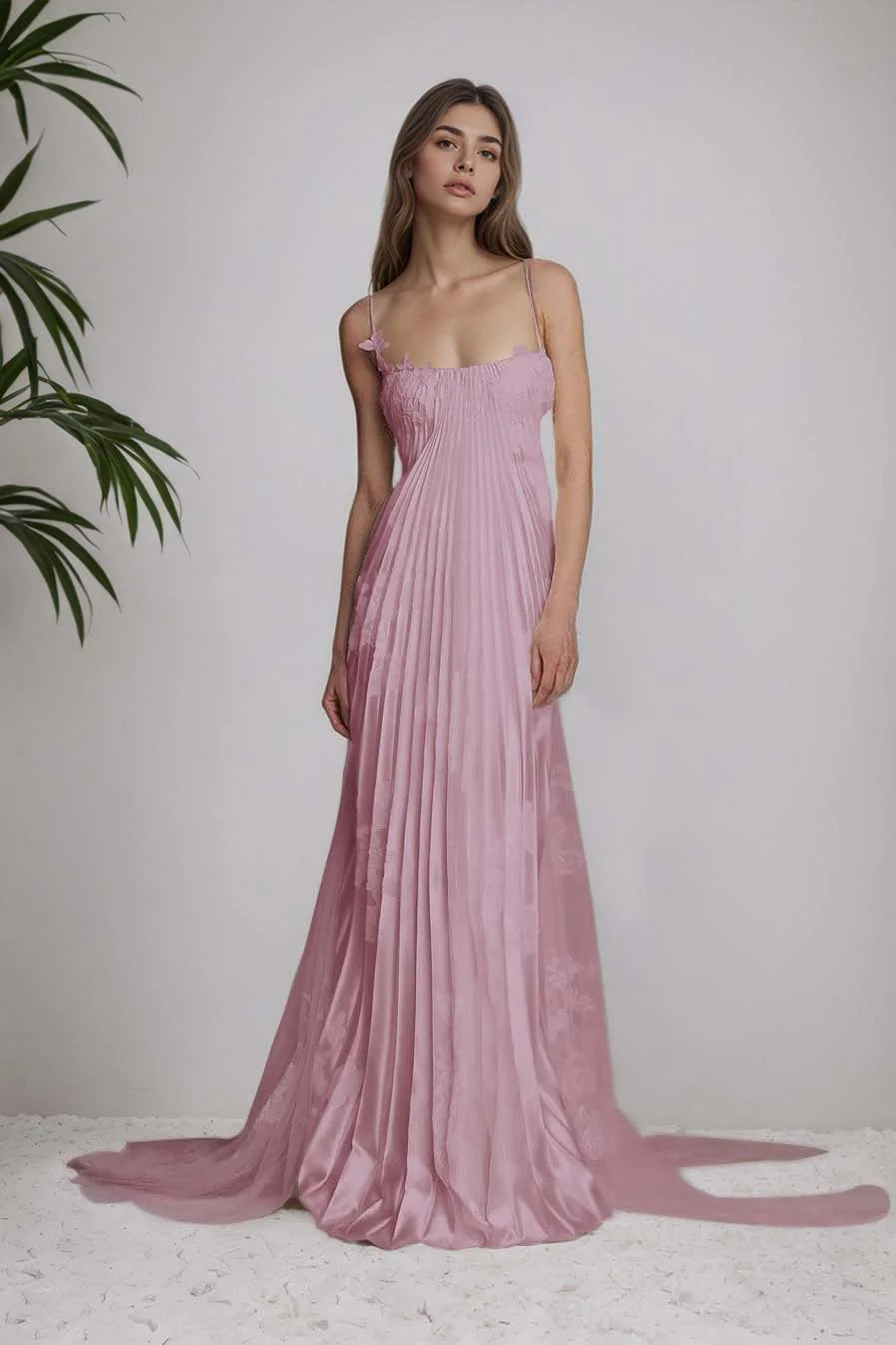 Stunning Spaghetti-Straps Pleated Sheath Appliques Prom Dress With Detachable Train