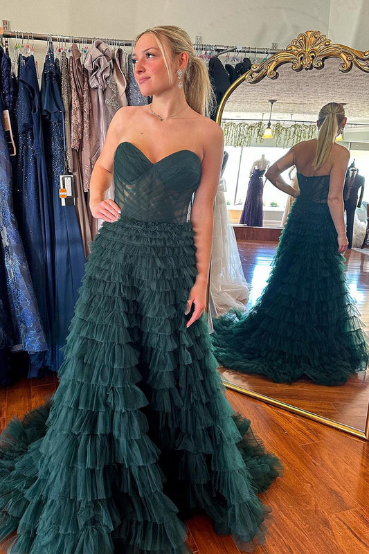 Elegant A Line Sweetheart Ruffle Tiered Tulle Prom Dress