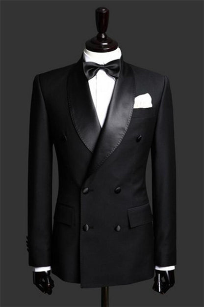 Fancy Black Double Breast Satin Lapel Wedding Tailcoats 2 Pieces(Jacket Pants)