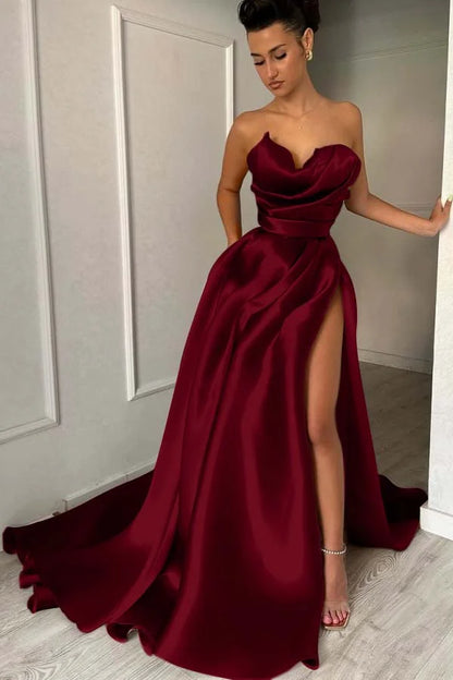 Chic Strapless Split Pleated Prom Dress
